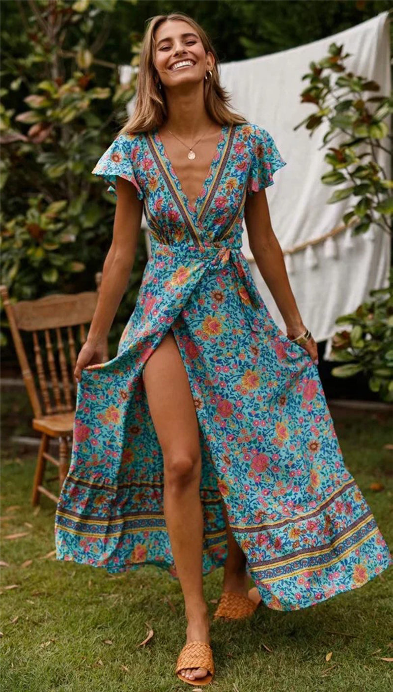 Boho Dress for Women|Bohemian Dress|Midi Boho Dress| Bat Sleeve Bohemian Wrap Maxi DressSexy V Neck  Wrap Summer Boho Dresses|Wedding Guest Dress