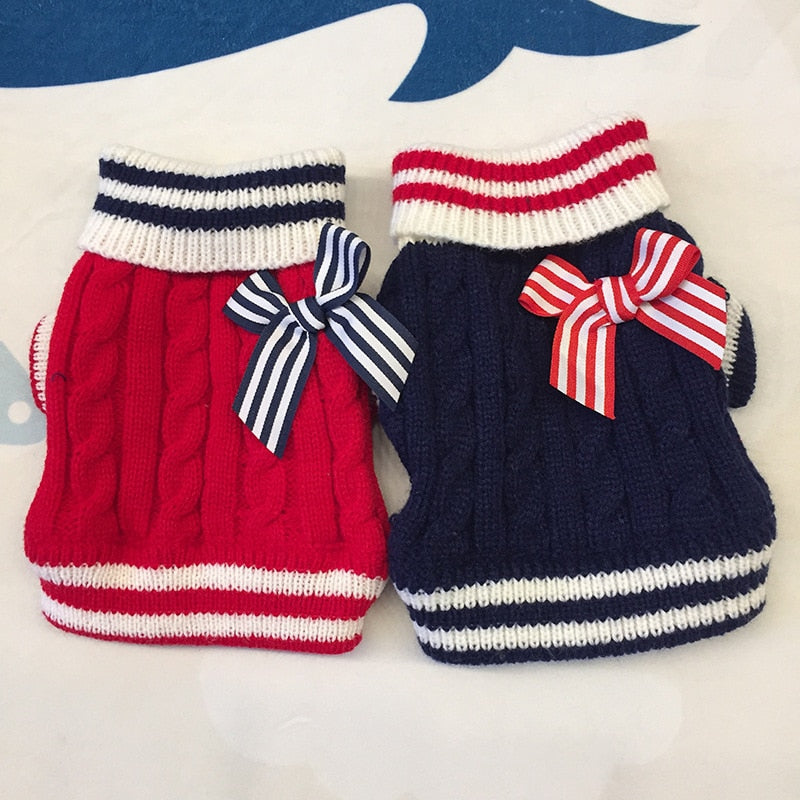 Striped Bowknot Knited Cat Dog Sweater