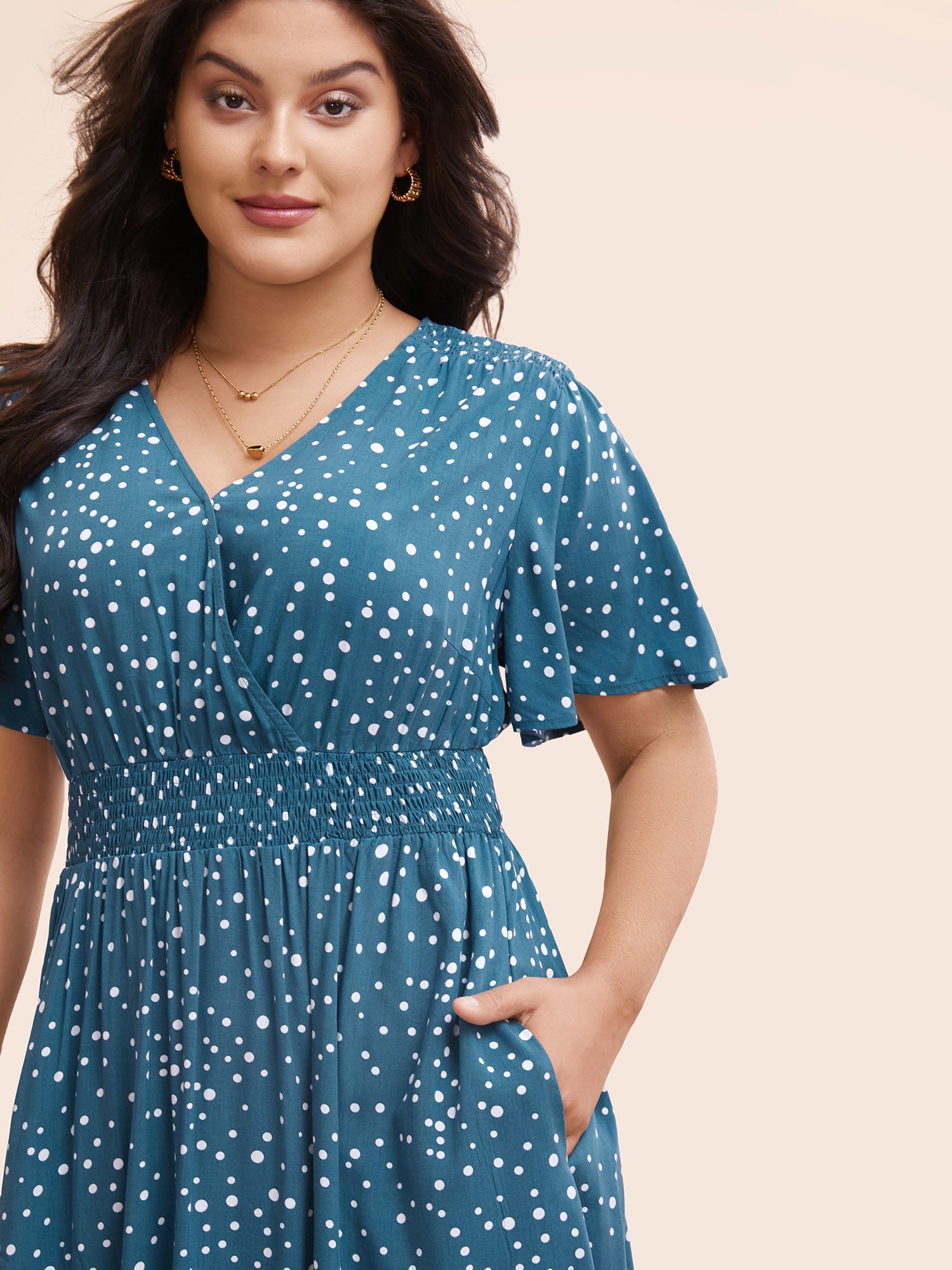 Polka Dot Wrap Pocket Shirred Ruffle Sleeve Dress