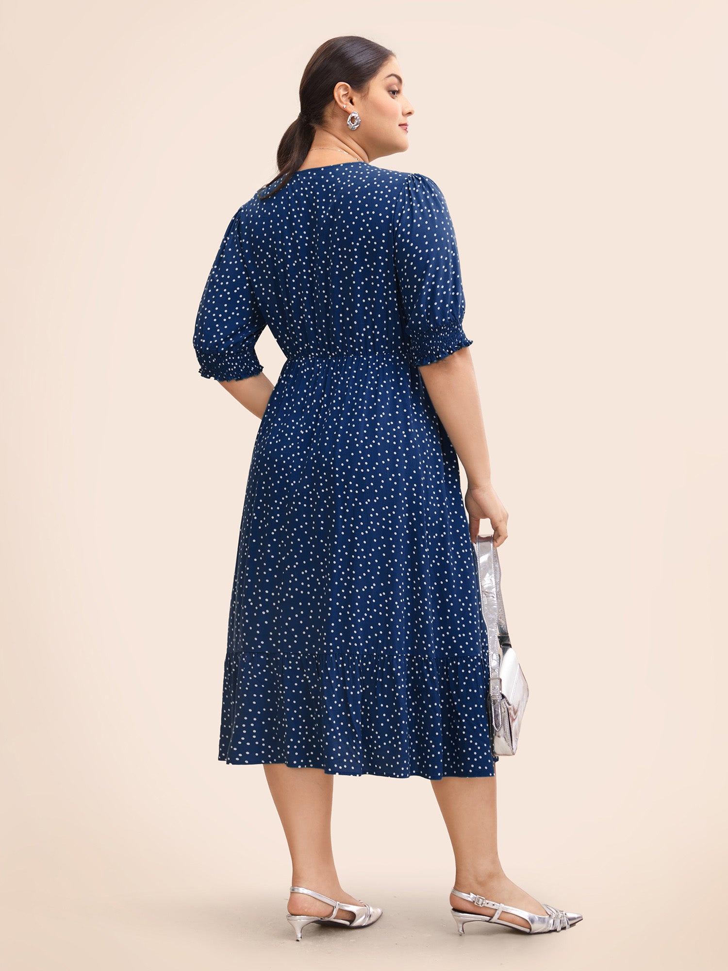 Polka Dot Shirred Pocket Flutter Hem Dress