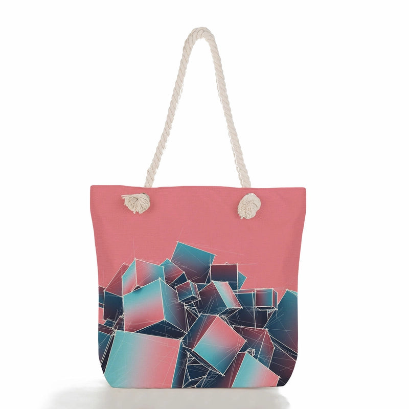 Women's Medium Canvas Geometric Flower Basic Classic Style Square Zipper Tote Bag