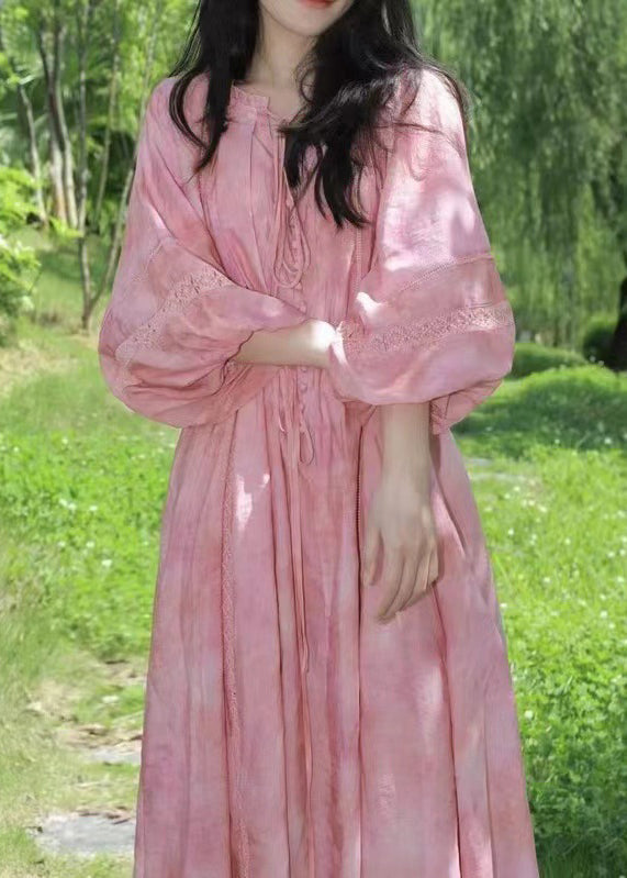 Loose Pink Ruffled Lace Up Cotton Long Dress Lantern Sleeve