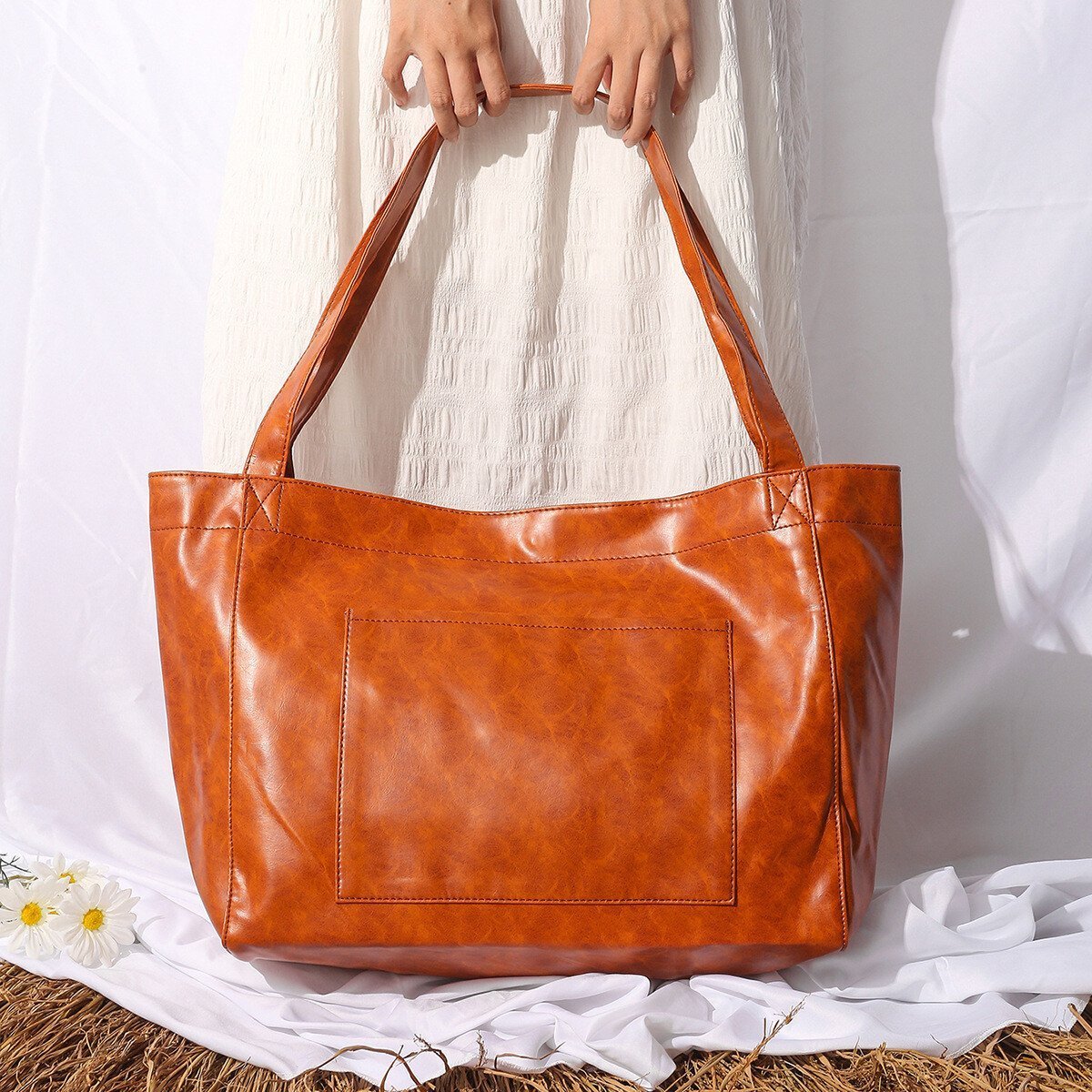 Women's Large Soft Leather Tote Bag With Pocket