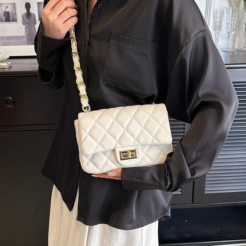 Women's Pu Leather Lingge Elegant Sewing Thread Square Flip Cover Shoulder Bag Crossbody Bag