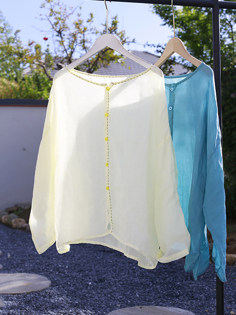 Women Summer Artsy Pure Color O-Neck 100%Ramie Shirt
