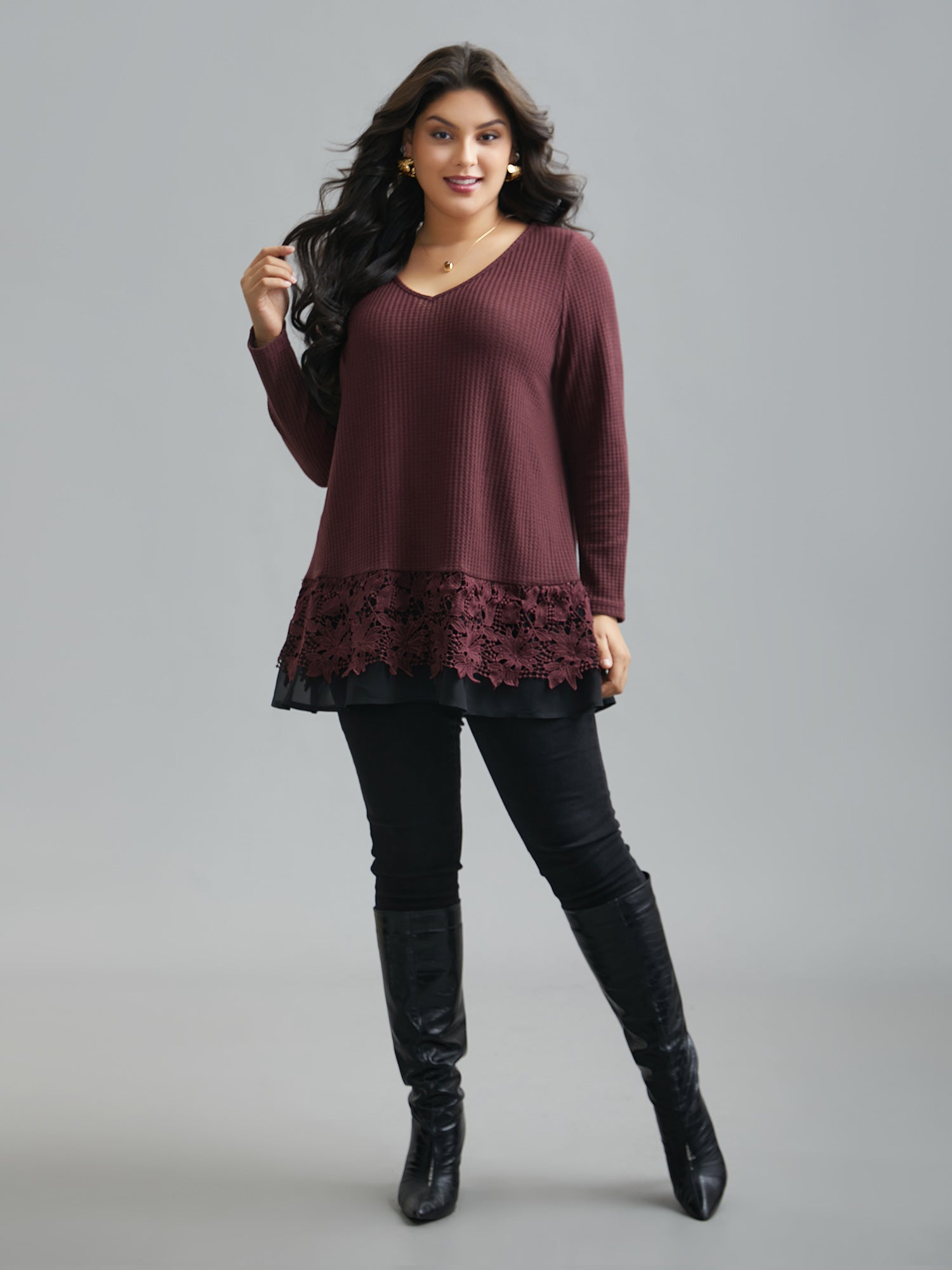 Scalloped Lace Waffle Knit Top