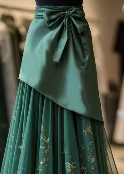 Fine Green Lace Up Chiffon Patchwork Skirts Spring