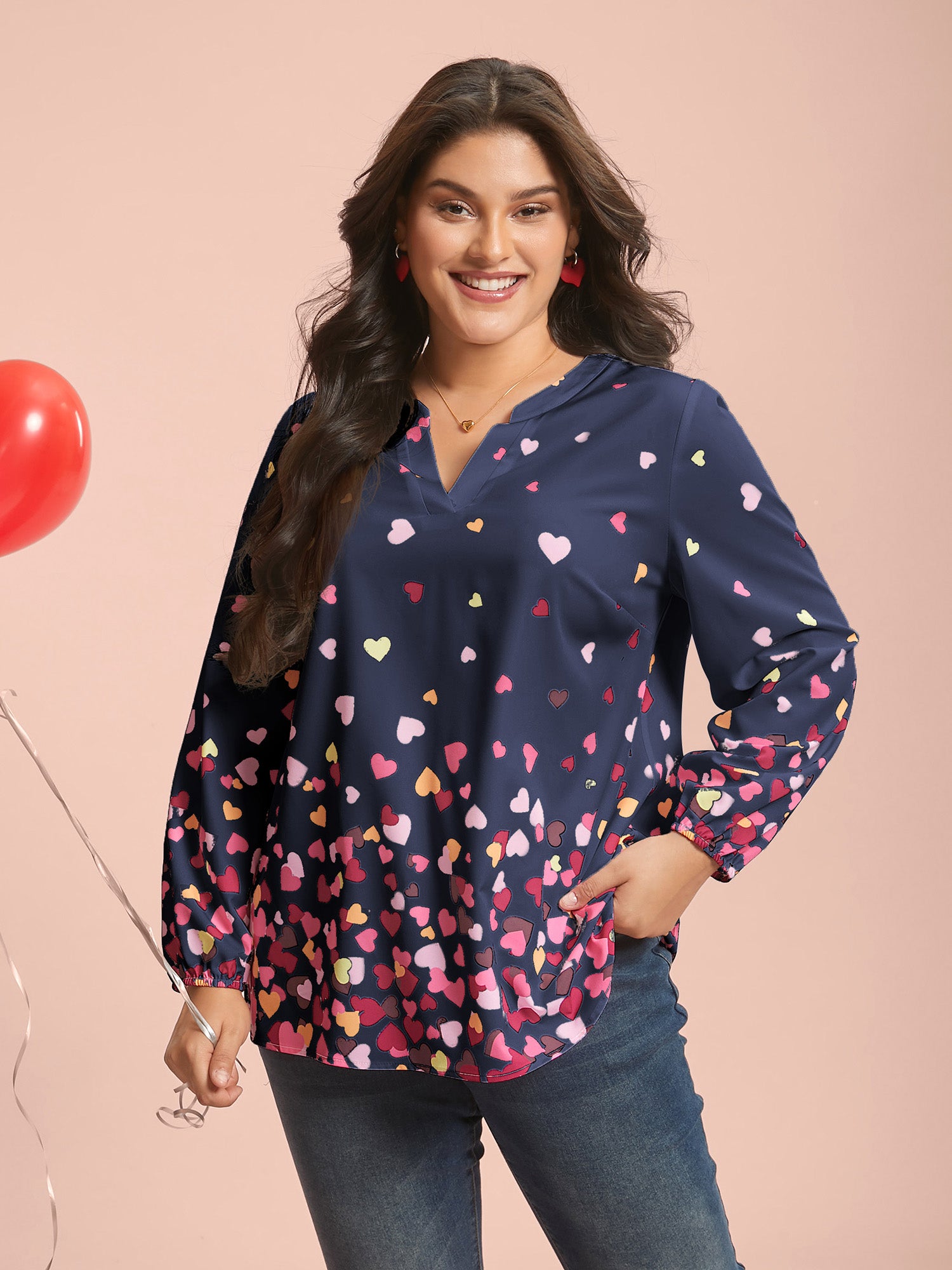 Notched Collar Multi-Color Hearts Blouse