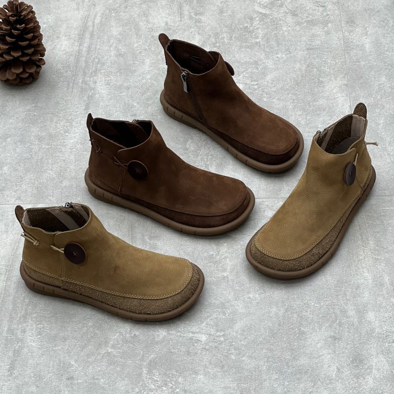 Womens Barefoot Boots With Button Leather Chelsea Boots Mori Girl Style in Coffee/Khaki