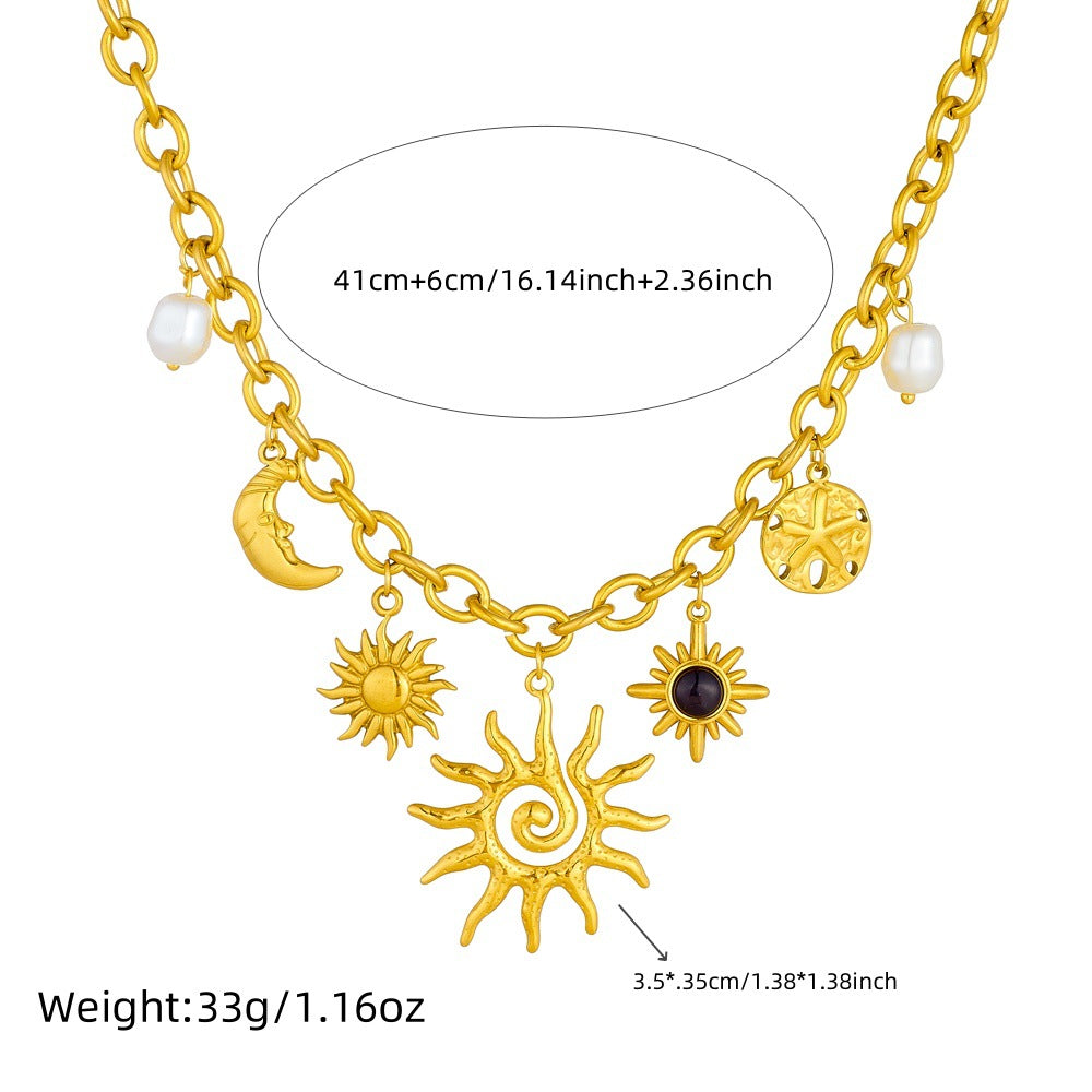 Fashion Gold Plated Stainless Steel Sun Moon Gemstone Pearl Accessories Pendant Chain Necklace
