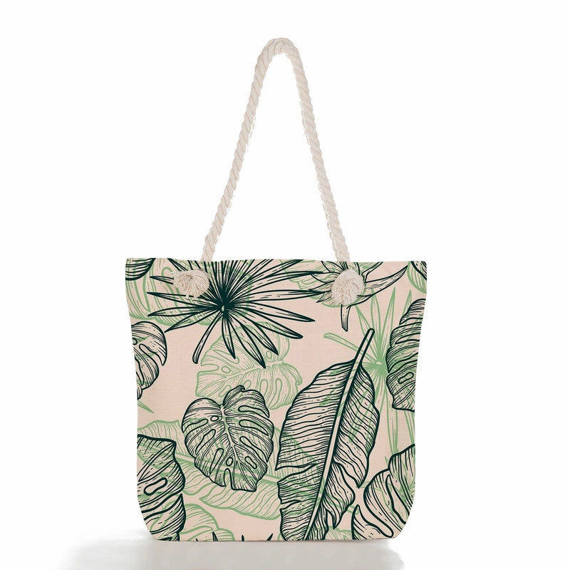 Green Leaf Printed Cotton Rope Bag Large Capacity Shoulder Bag Student Book Tote Bag Printable Logo
