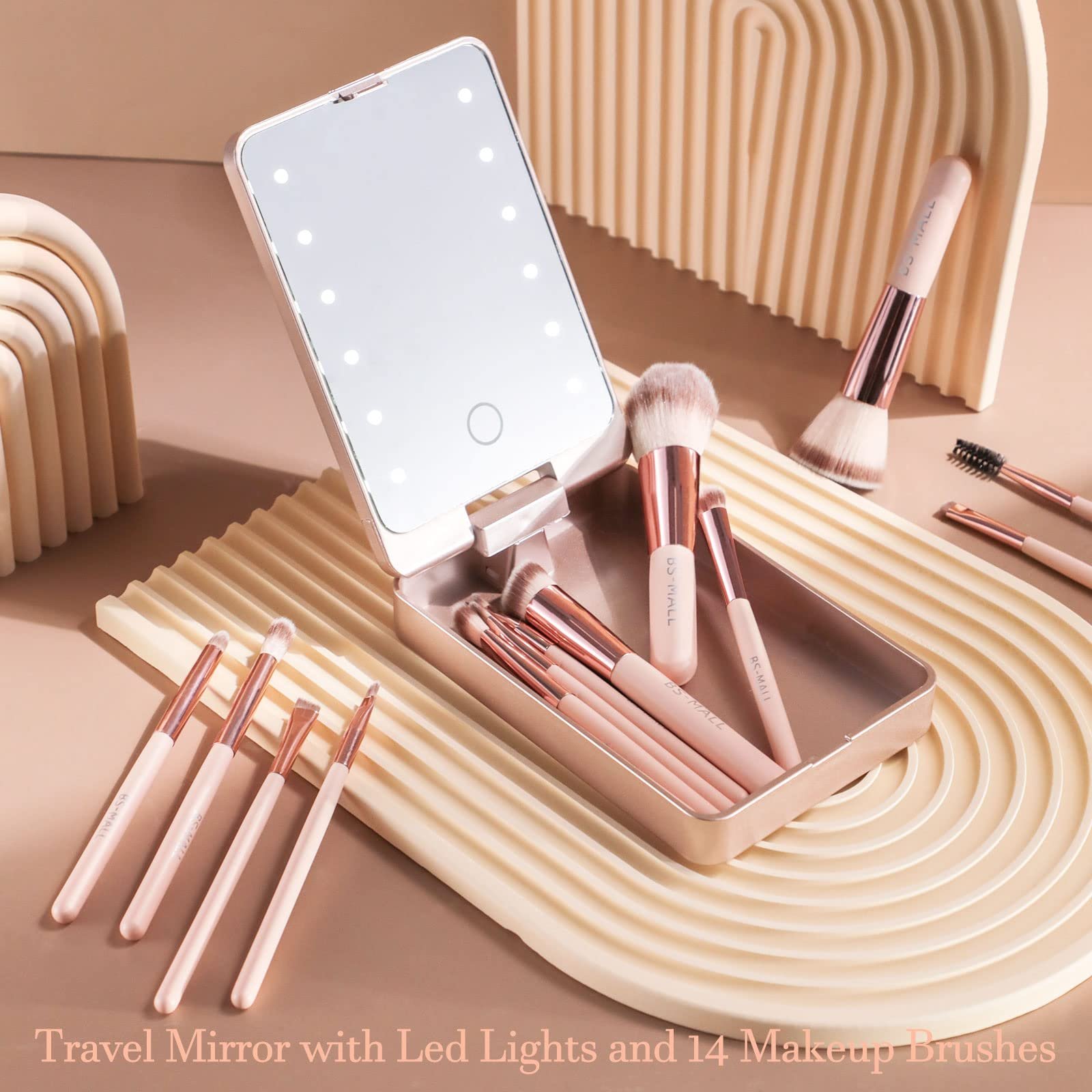 ✨Travel Makeup Brush Set With LED Light Mirror (🔥14PCS Brushes And 🎁Free Makeup Sponge)