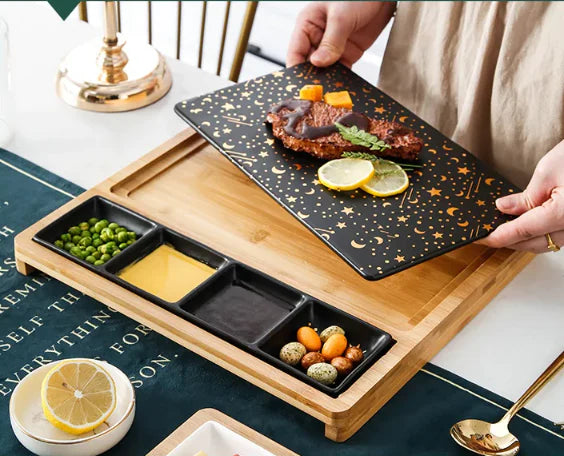 Marble Style Steak Plate With Bamboo Base