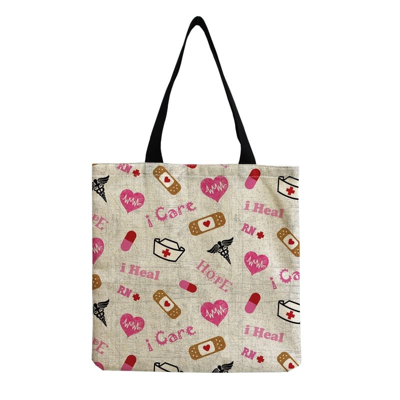 Women's Cotton And Linen Letter Nurse Heart Shape Classic Style Square Open Tote Bag