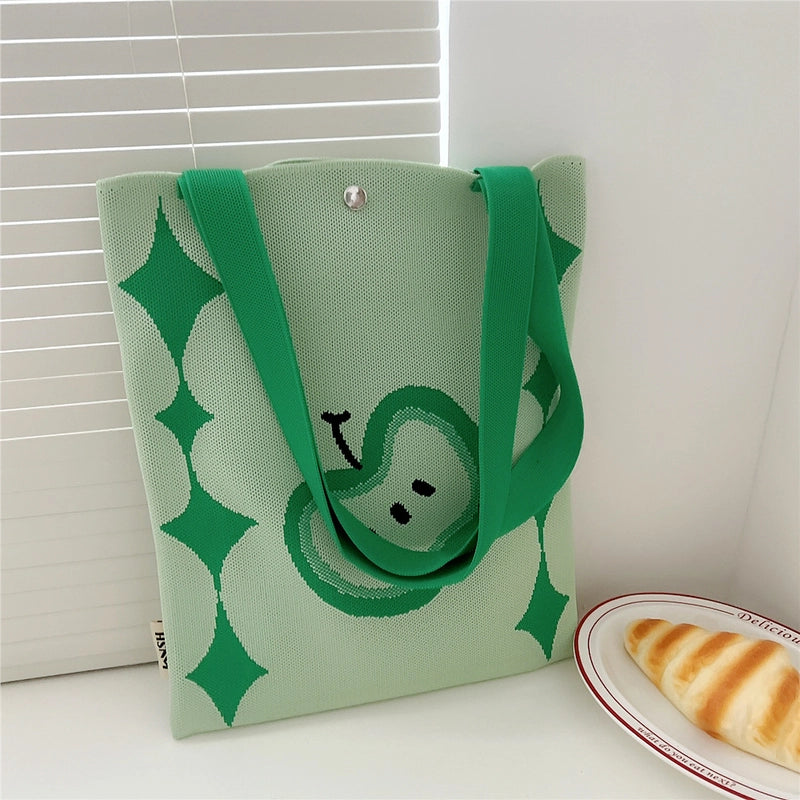 Women's Medium Knit Cartoon Flower Cute Square Lock Clasp Underarm Bag