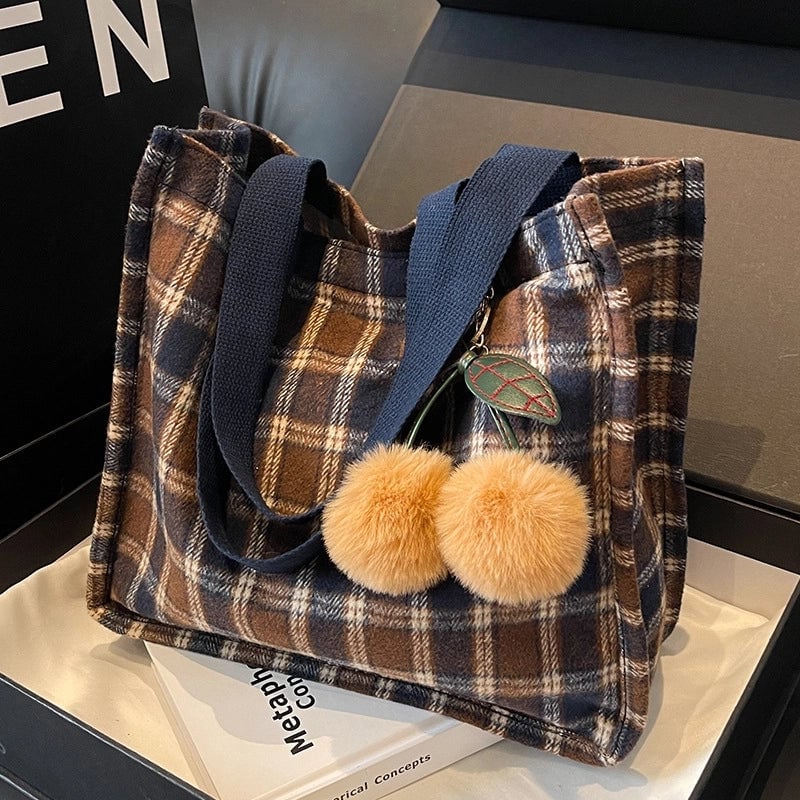Women's Large Woolen Lattice Elegant Streetwear Square Open Tote Bag