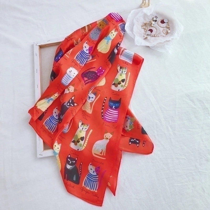 Women's Sweet Cat Satin Printing Silk Scarves
