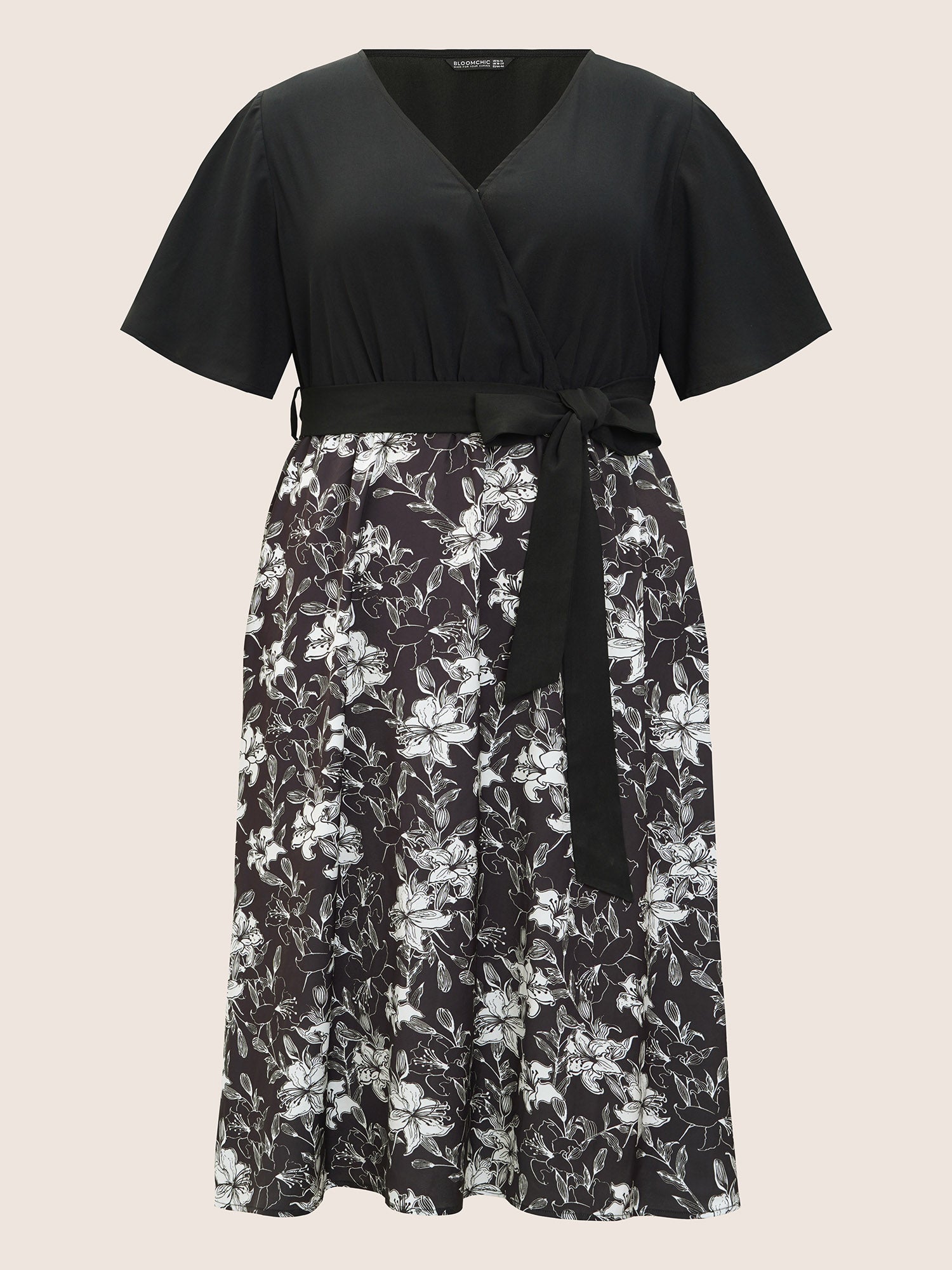 Floral Patchwork Pocket Belt Surplice Neck Ruffle Hem Dress