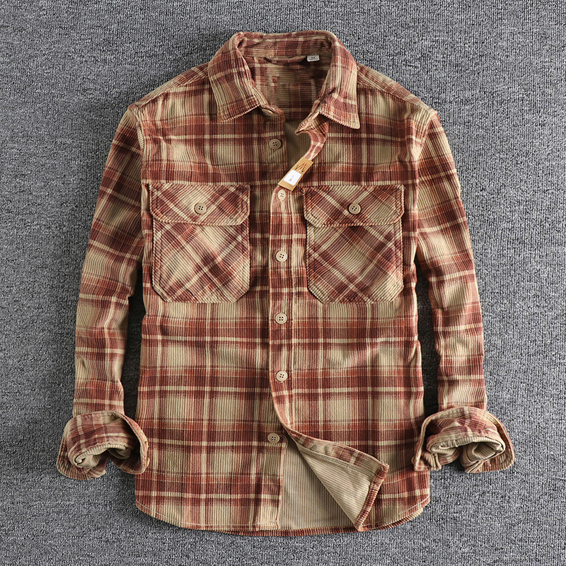 Vintage Washed Corduroy Plaid Long-Sleeved Shirt