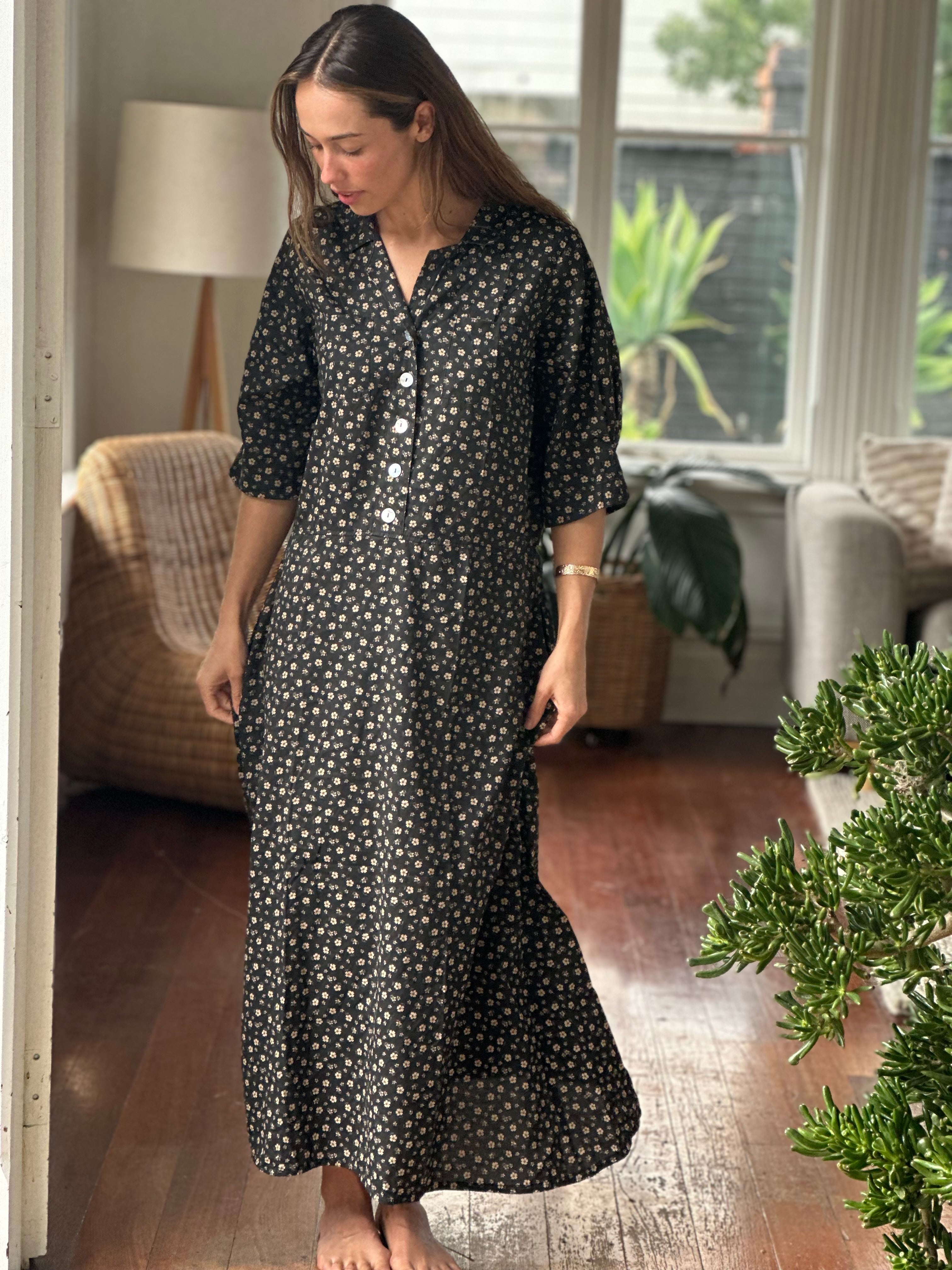 bridget dress -small charcoal  flower cotton