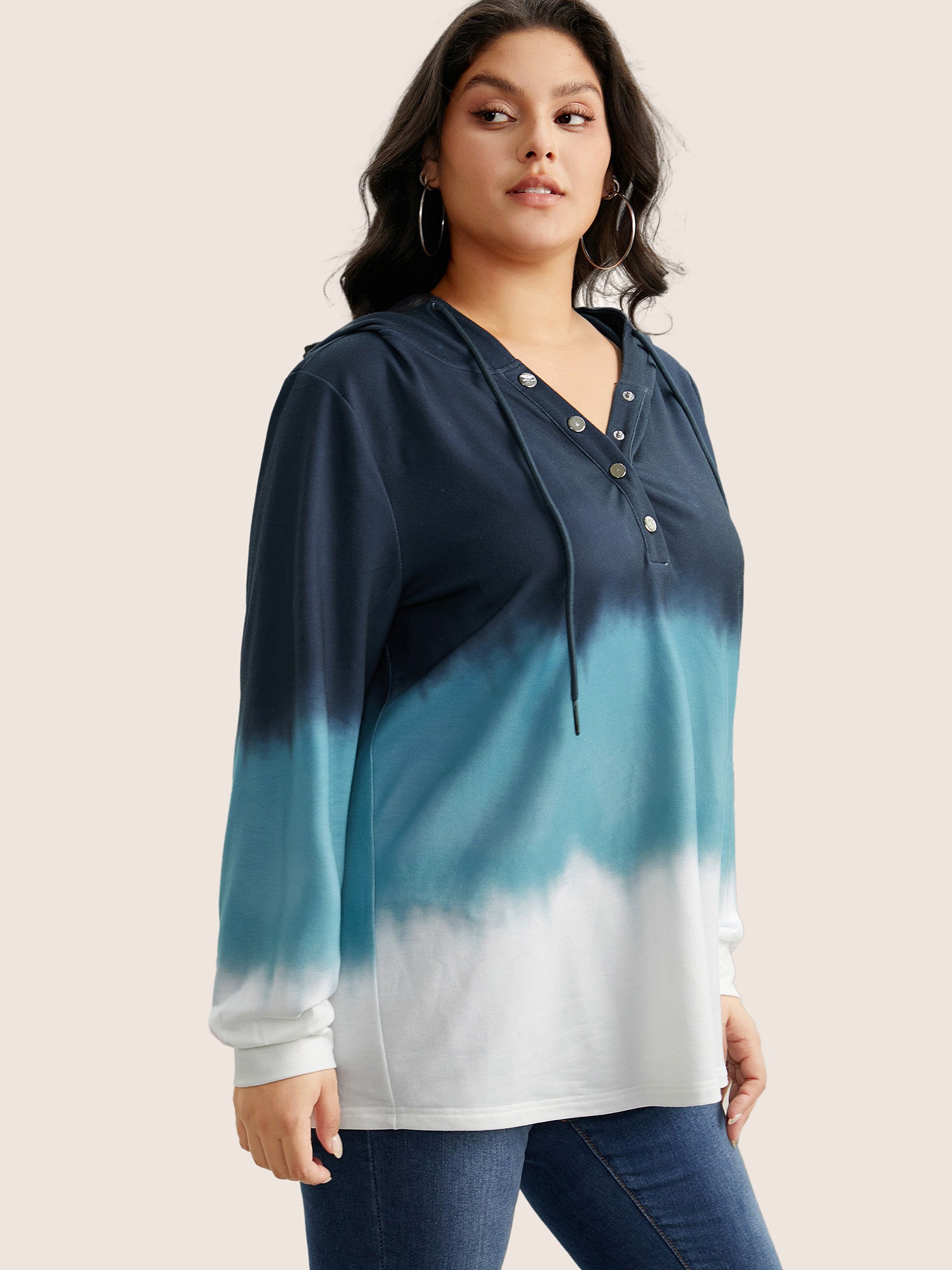 Tie Dye Button Up Hooded Drawstring Sweatshirt