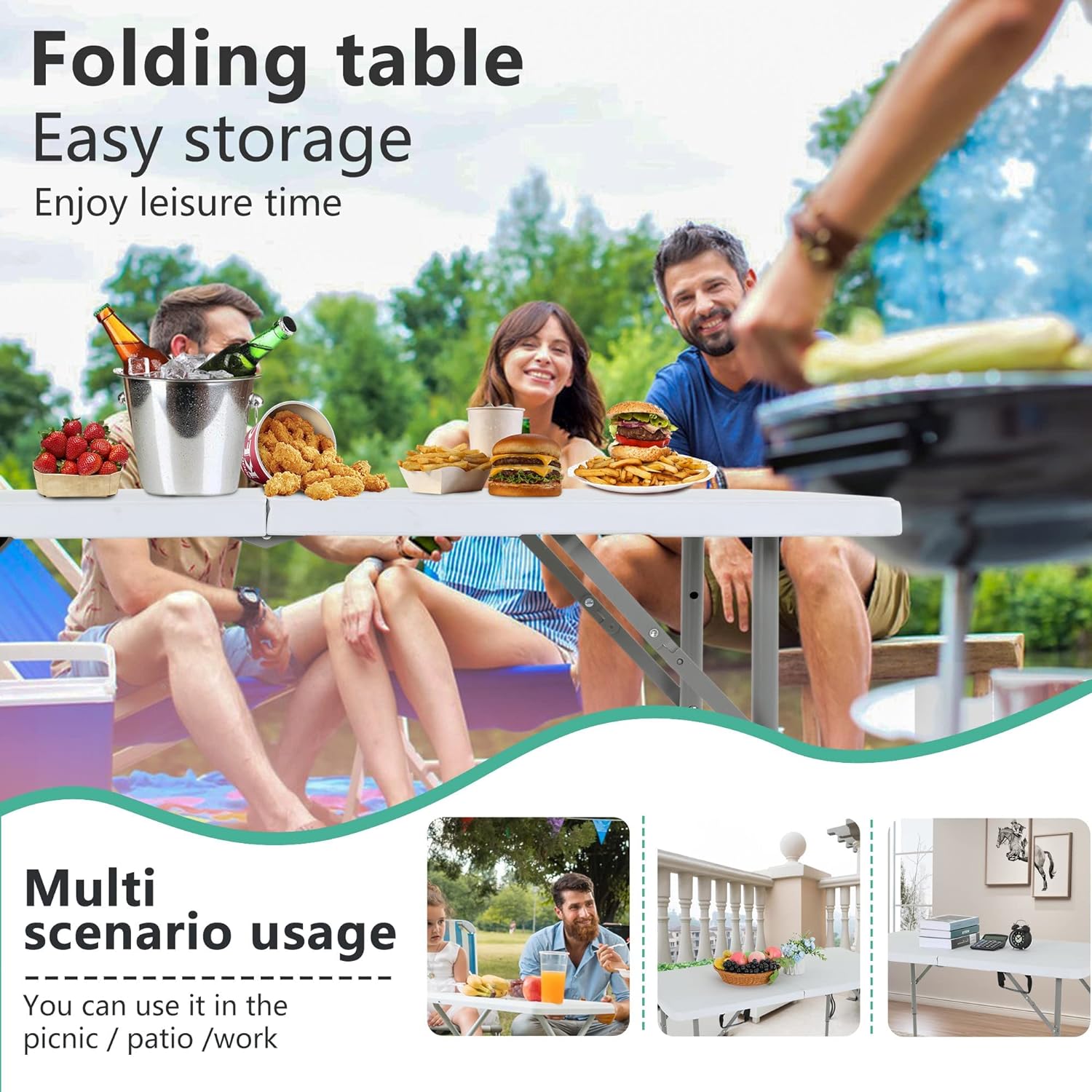 Folding. Half Portable Foldable Table for Parties. Backyard Events.White 1.2M