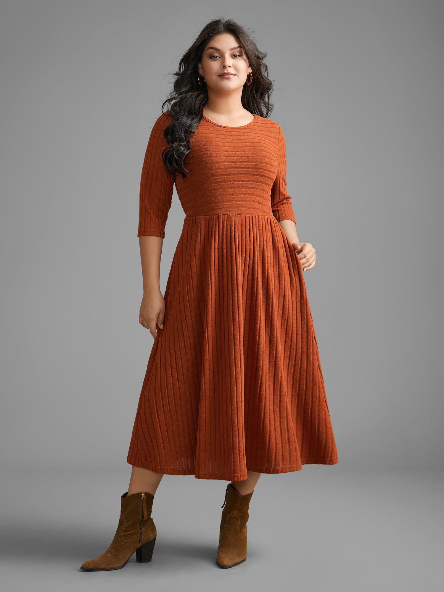 Plain Rib Knit Pocket Midi Dress