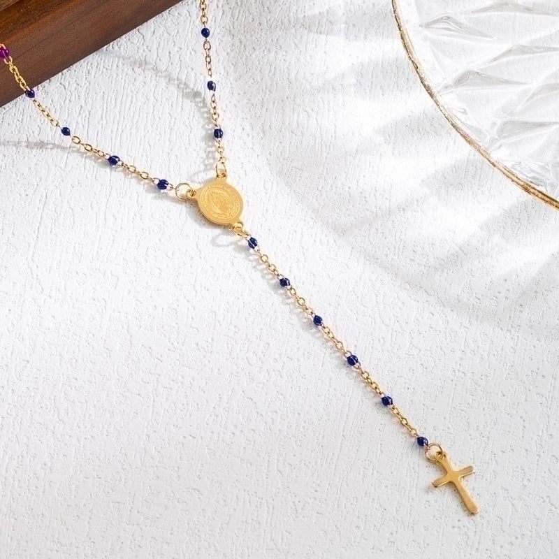 3 Pieces Elegant Classical Cross Virgin Mary Priest Stainless Steel Beaded Plating 18k Gold Plated Necklace