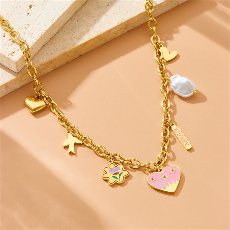 Fashion Cartoon Cute Painted Oil Drop Love Flower Bird Pearl Pendant Chain Stainless Steel Necklace