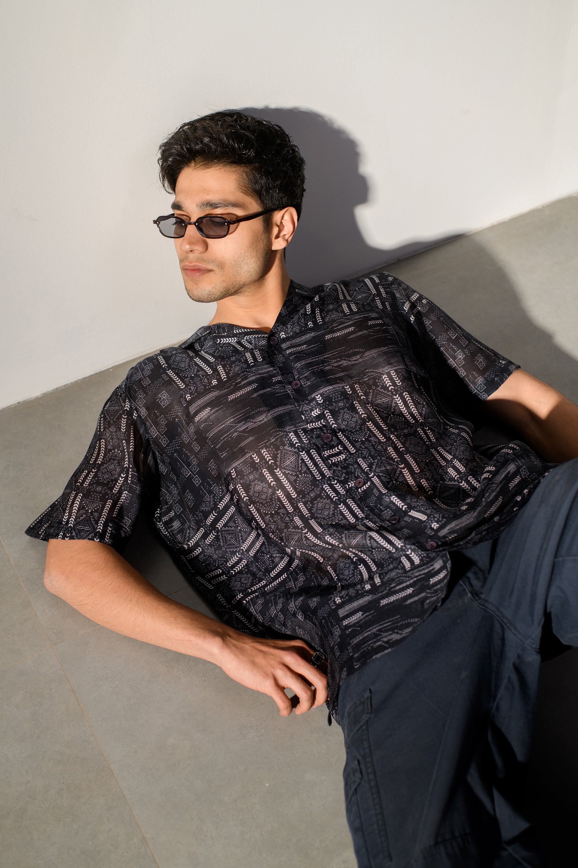Rustic Boho Black Geometric Silk OverSize Hawaiin Collar Shirt For Men