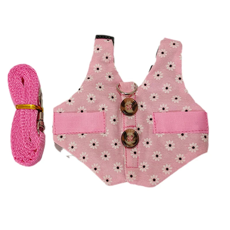 Cute Print Littel Cat Rabbit Harness and Leash Set Outdoor Walking Pet Harnesses for Small Animals Rabbits Teacup Dogs Clothes
