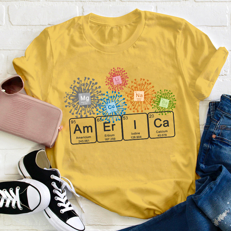 America Spelled With The Periodic Table of the Elements Teacher T-Shirt