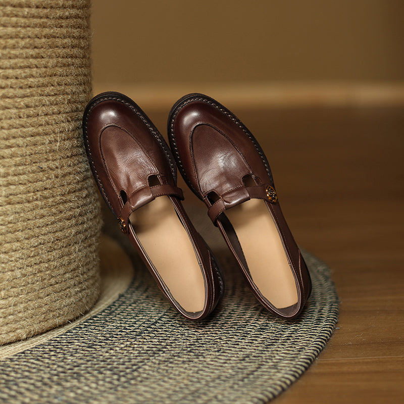 Vintage French-Style Mary Jane Leather Shoes with Metal Camellia Detail in Black/Coffee/Grey