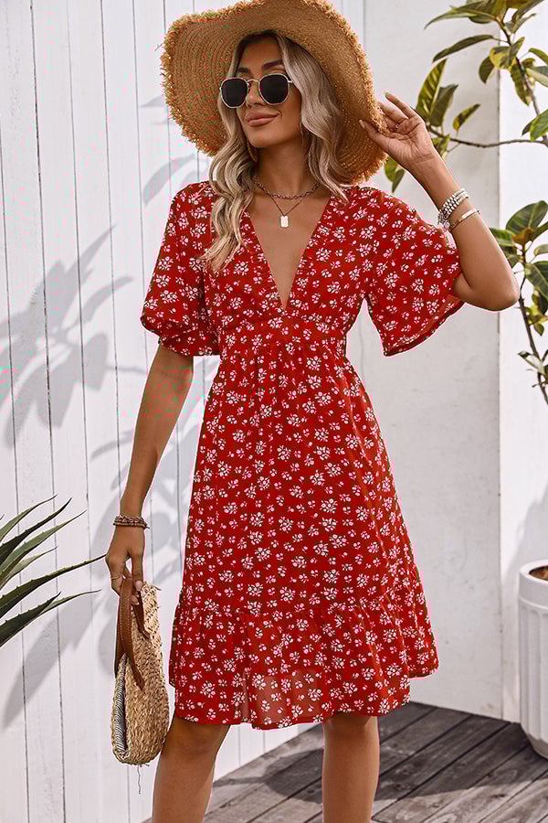 Floral Print V Neck Casual Mini Dress