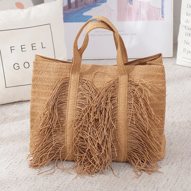 Women's Medium Cotton Rope Solid Color Vacation Beach Weave Magnetic Buckle Straw Bag