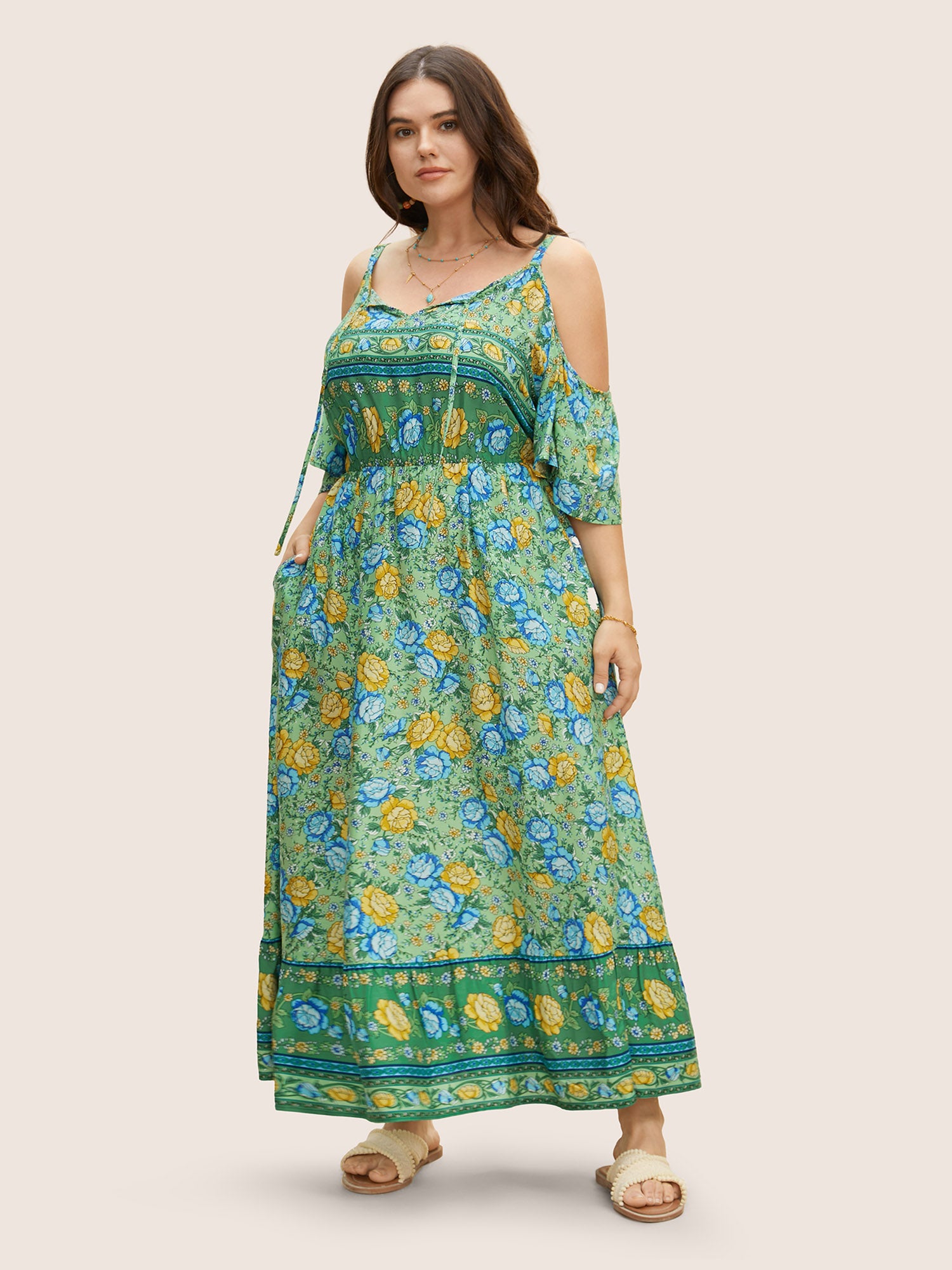 Floral Print Pocket Keyhole Ruffles Cold Shoulder Maxi Dress