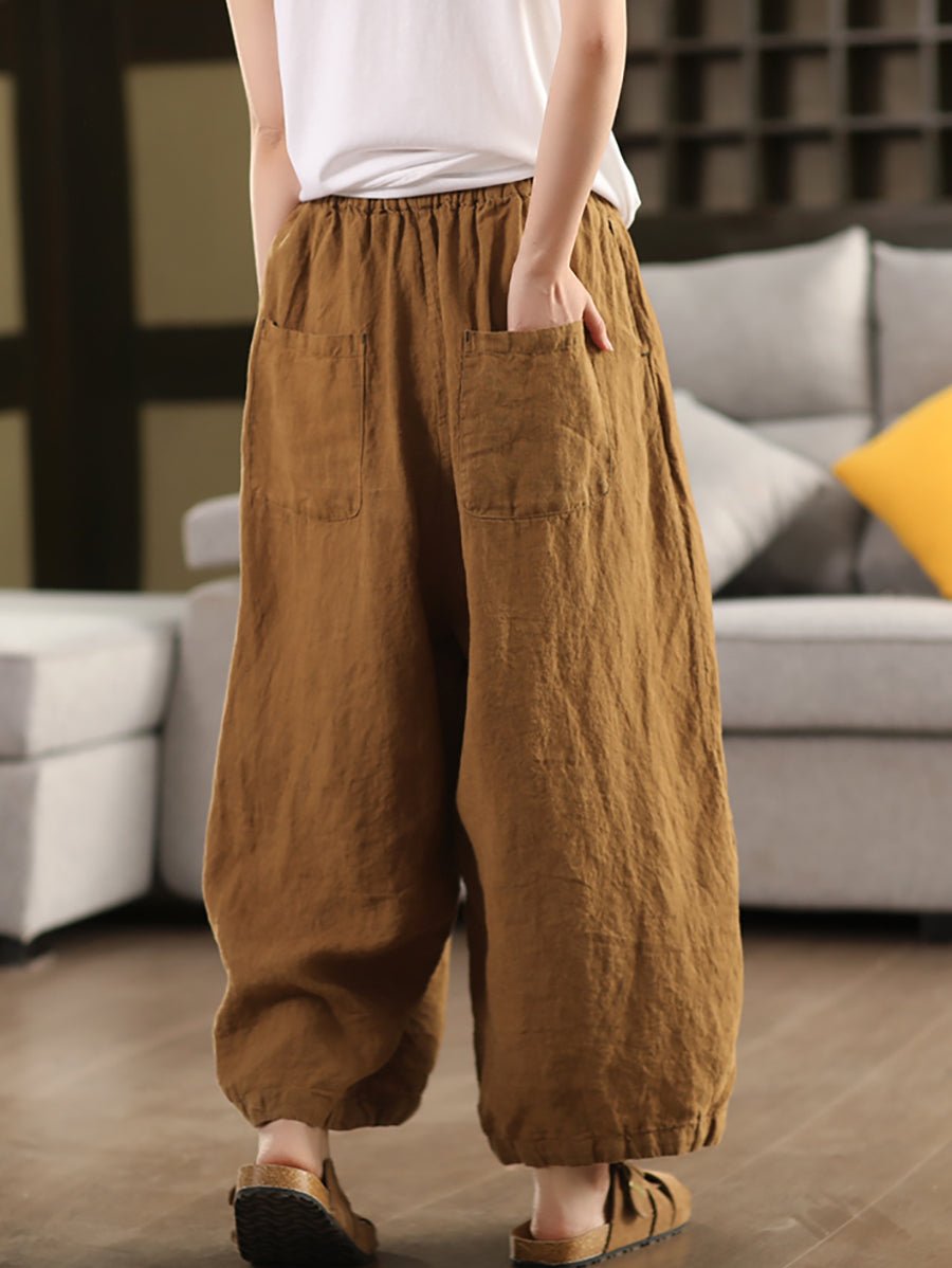 Plus Size Women Summer Casual Pure Color 100%Linen Wide-leg Pants