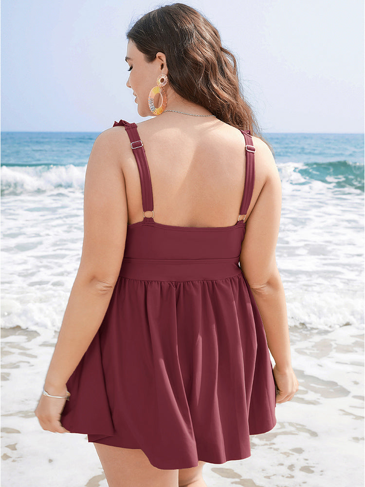 Ruffle Trim Adjustable Straps Gathered Sculpt Waist Swim Dress