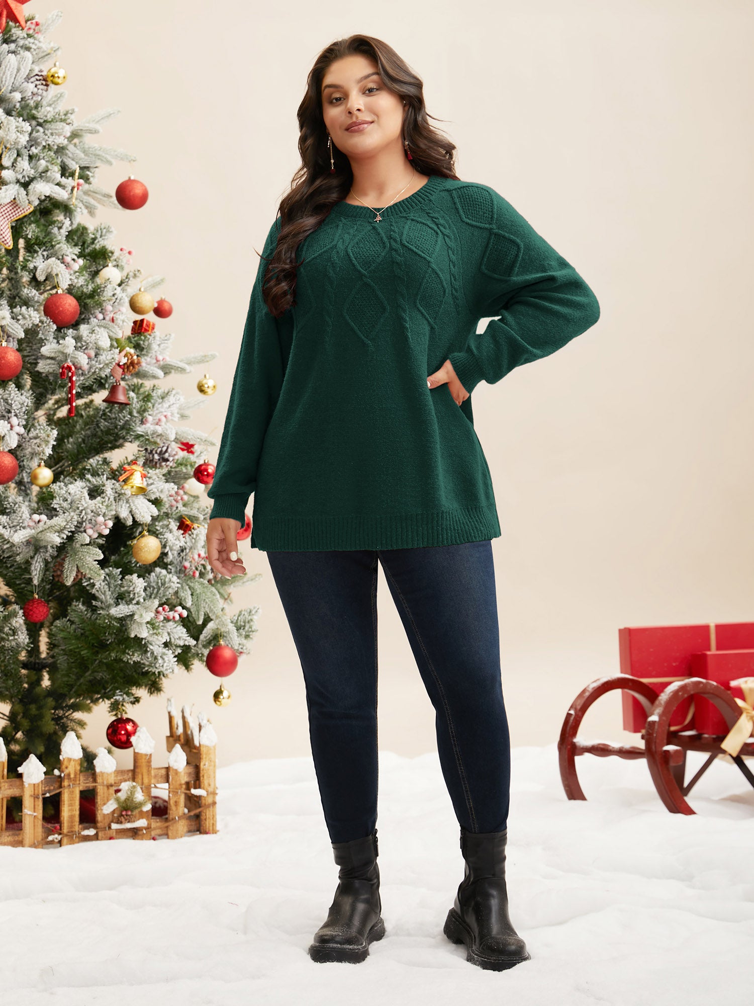 Cable Knit Bodice Crew-Neck Pullover