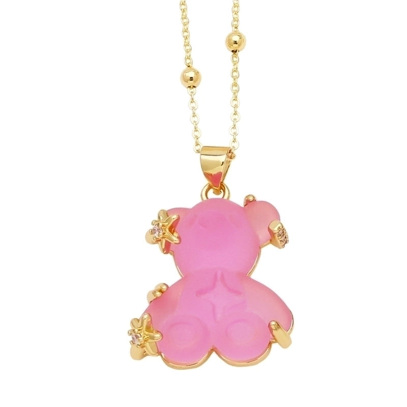 Copper Gold Plated Cute Minimalist Bear Inlay Resin Zircon Pendant Necklace