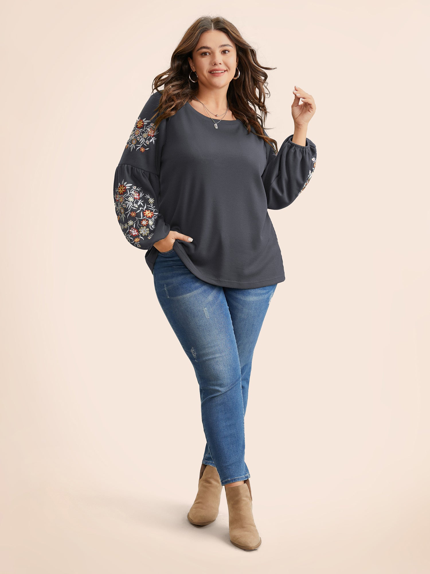 Waffle Knit Floral Embroidered Lantern Sleeve T-shirt