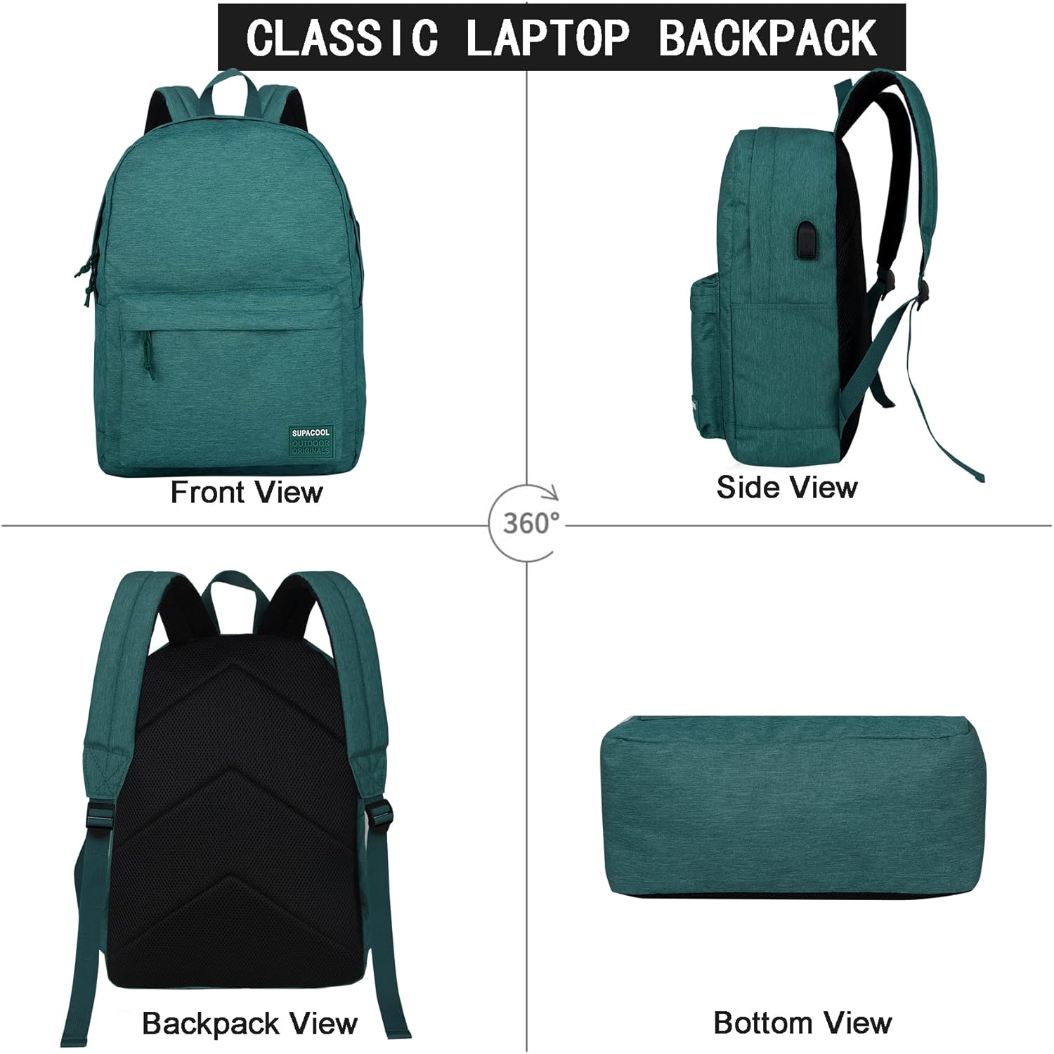 SUPACOOL Casual Laptop Backpack for Men and Women, School Backpack for Boys and Girls, College Bookbag, USB Charging Port, Lightweight Back Pack(Black)
