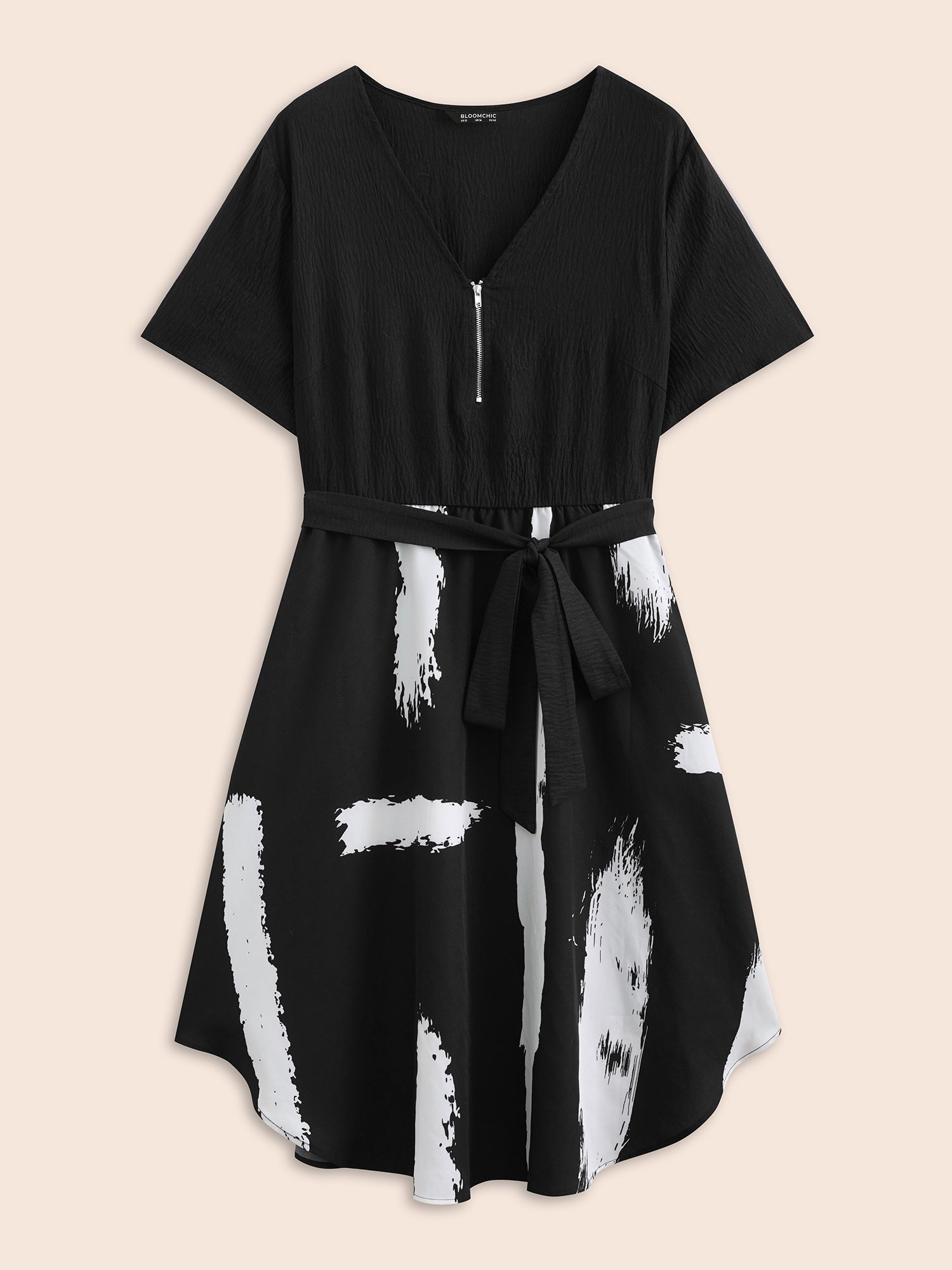 Brush Print Arc Hem Half Zip Dress