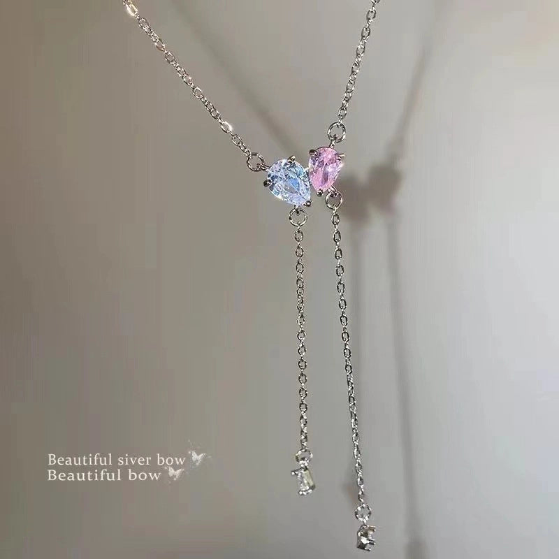 Minimalist Heart Shape Bow Knot Titanium Steel Inlay Zircon Pendant Necklace