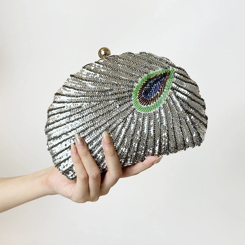 Blue Black Gold Metal Feather Beading Sequins Shell Evening Bags