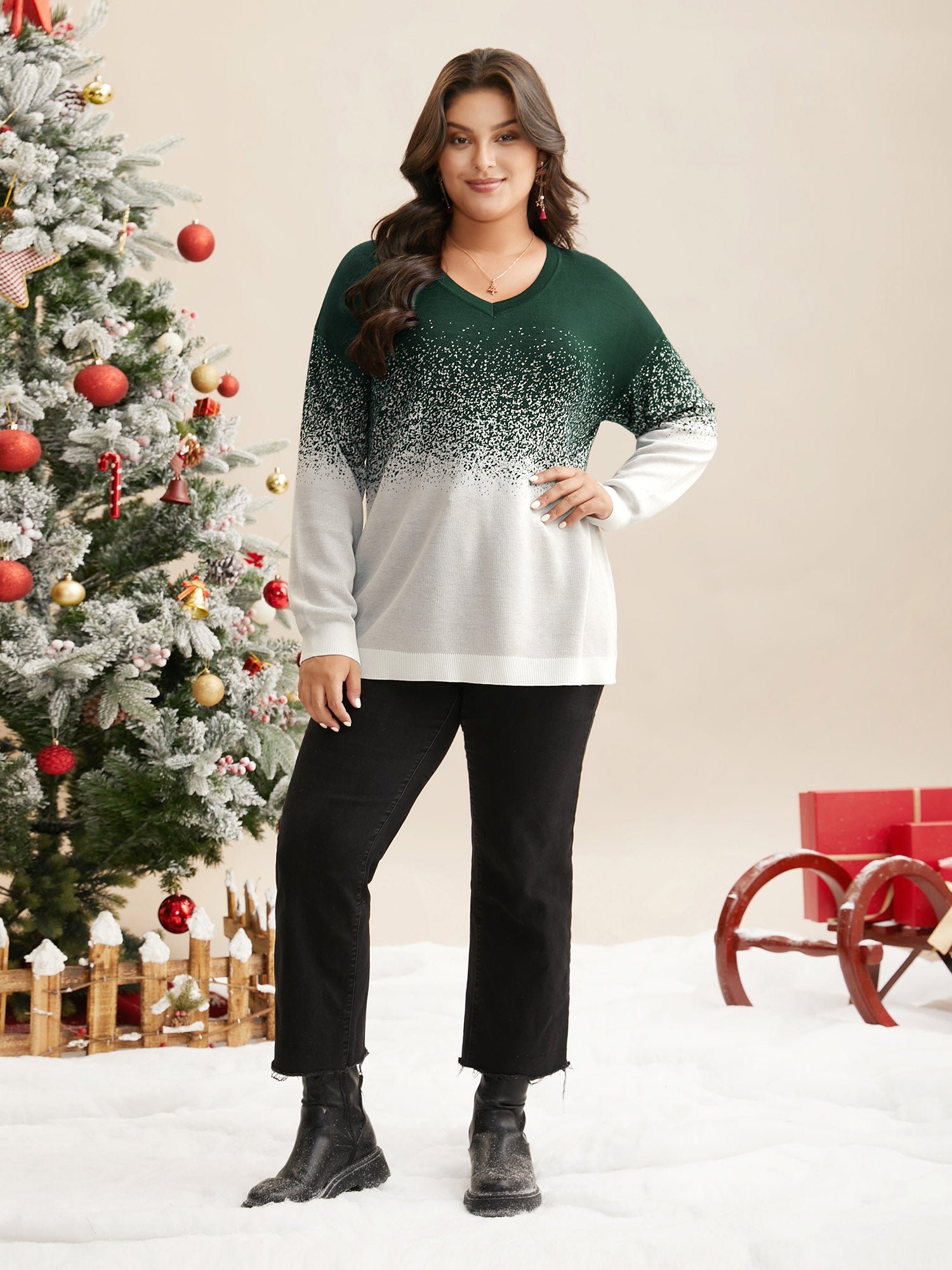 Holiday Gradient Jacquard Pattern V-neck Pullover