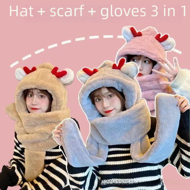 Hat Scarf Gloves Integrated Hat Autumn And Winter  Versatile Warm Toe Cap Winter Cute Plush Double Layer Hat For Women