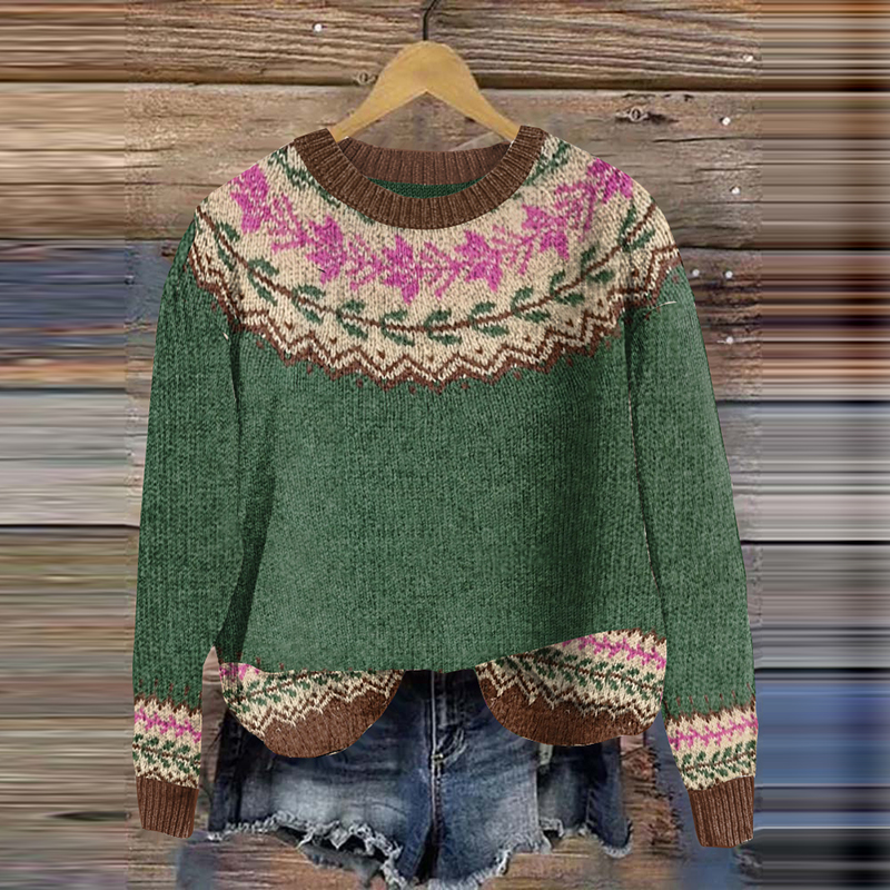 Retro Rose Pattern Crew Neck Sweater