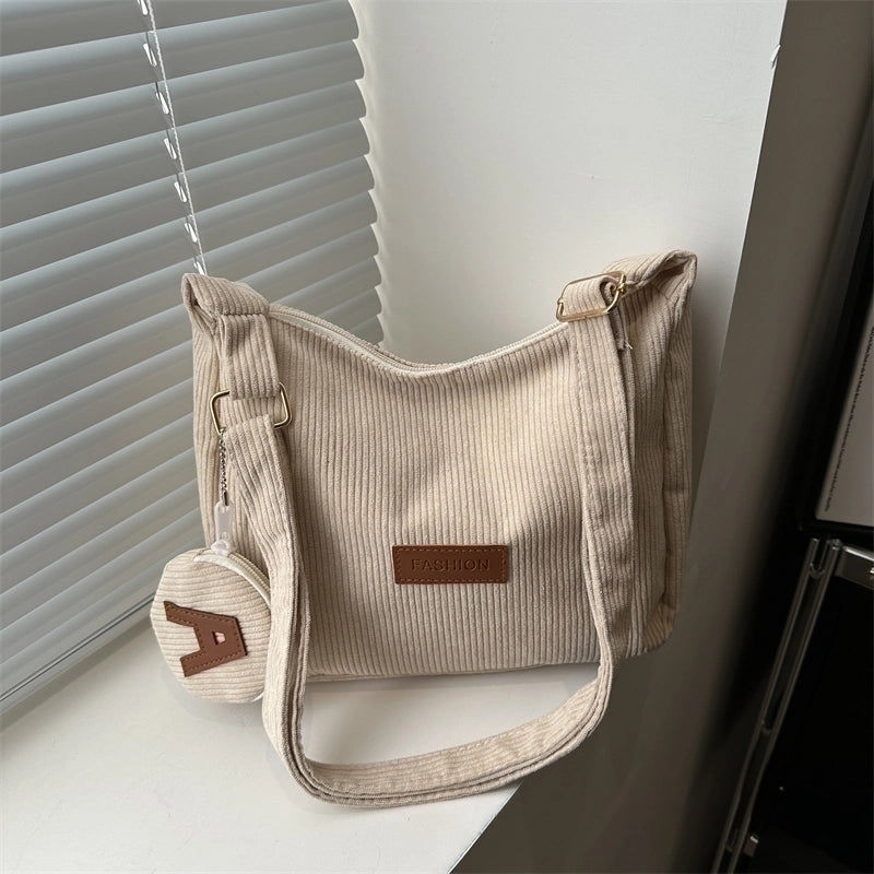 Women's Corduroy Solid Color Classic Style Square Zipper Shoulder Bag