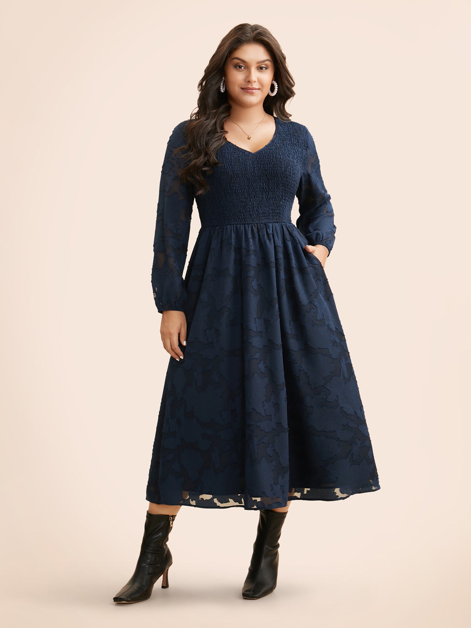 Solid Textured Shirred Elastic Waist Dress